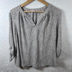 Women XL Black White Dot Print Blouse Roll Tab Sleeve Split Neck Top 41 Hawthorn